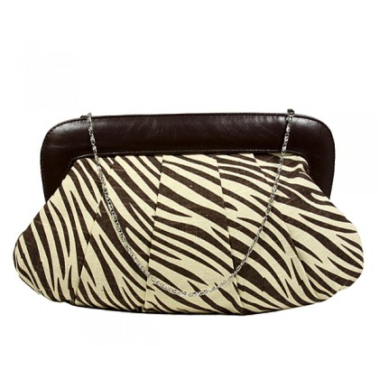 Evening Bag - 12 PCS - Pleated Zebra Print w/ Leather Like Frame - Brown - BG-92089BR